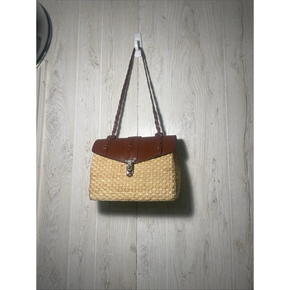 Vintage 50s 60s ETIENNE AIGNER Woven Straw Leather Satchel Bag Handbag Handmade